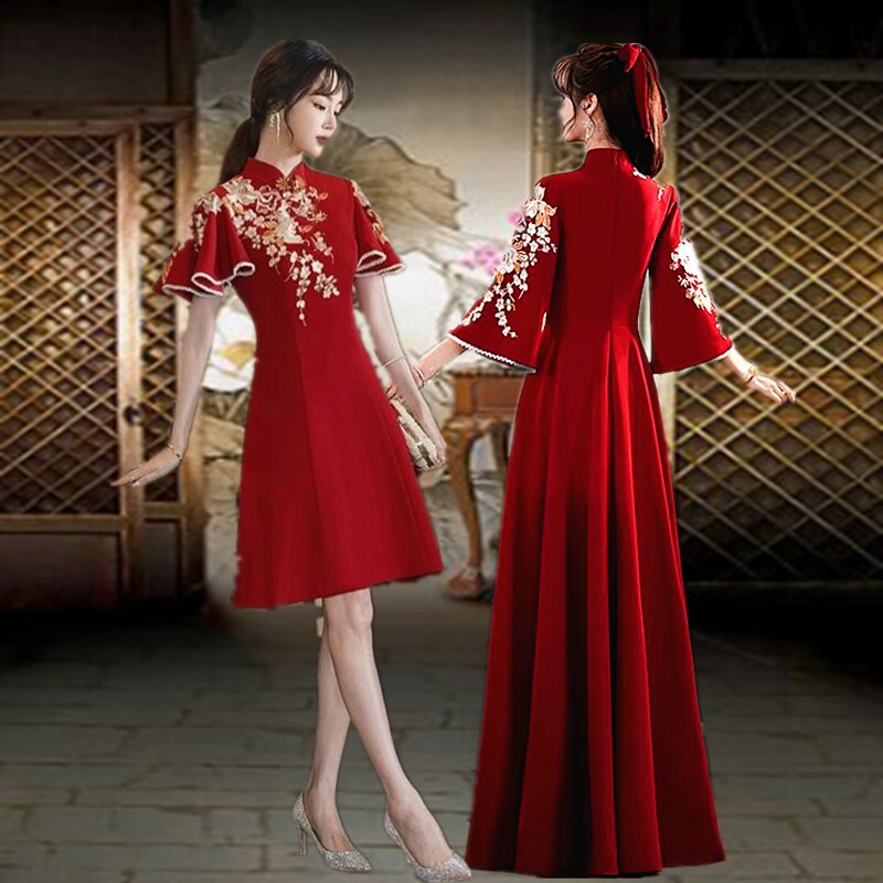 新款刺绣学生合唱演出服古筝钢琴演奏颁奖礼仪年会迎宾旗袍连衣裙