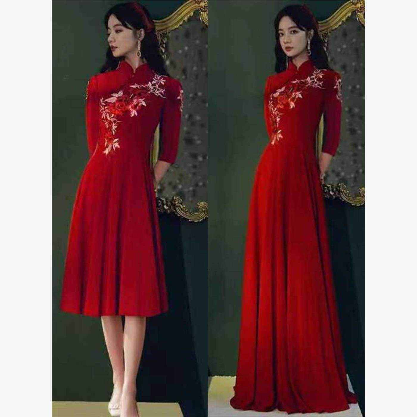 迎宾旗袍合唱演出服学生艺考复古礼服古筝演奏礼仪中式年会连衣裙