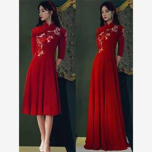 迎宾旗袍合唱演出服学生艺考复古礼服古筝演奏礼仪中式年会连衣裙