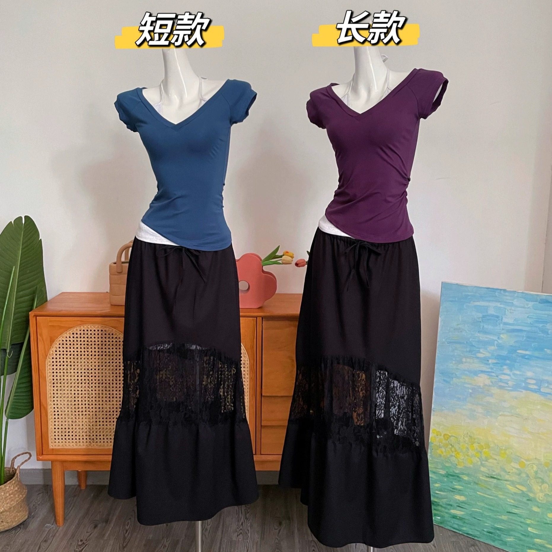 thumbnail for Cat go vintage design sense linen casual resort style lace patchwork loose long skirt