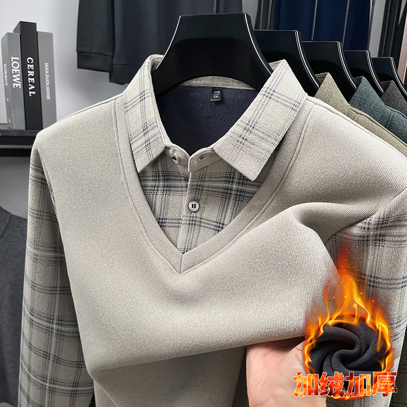 男士假两件衬衫领针织衫加绒加厚保暖爸爸装毛衣长袖T恤中年上衣