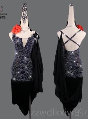 新款新款拉丁舞比赛服sol镶钻演o服出苏装表演成人少女童高级黑色