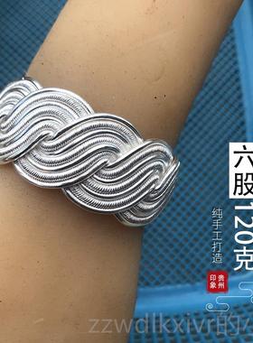 新款纯足银99手定制订做扁款麻花镯古风开口老青丝式工艺9饰品环