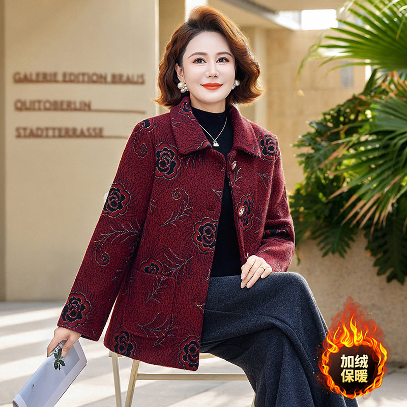 中老年人冬装加绒毛呢外套女休闲高端翻领妈妈装加厚保暖妮子大衣