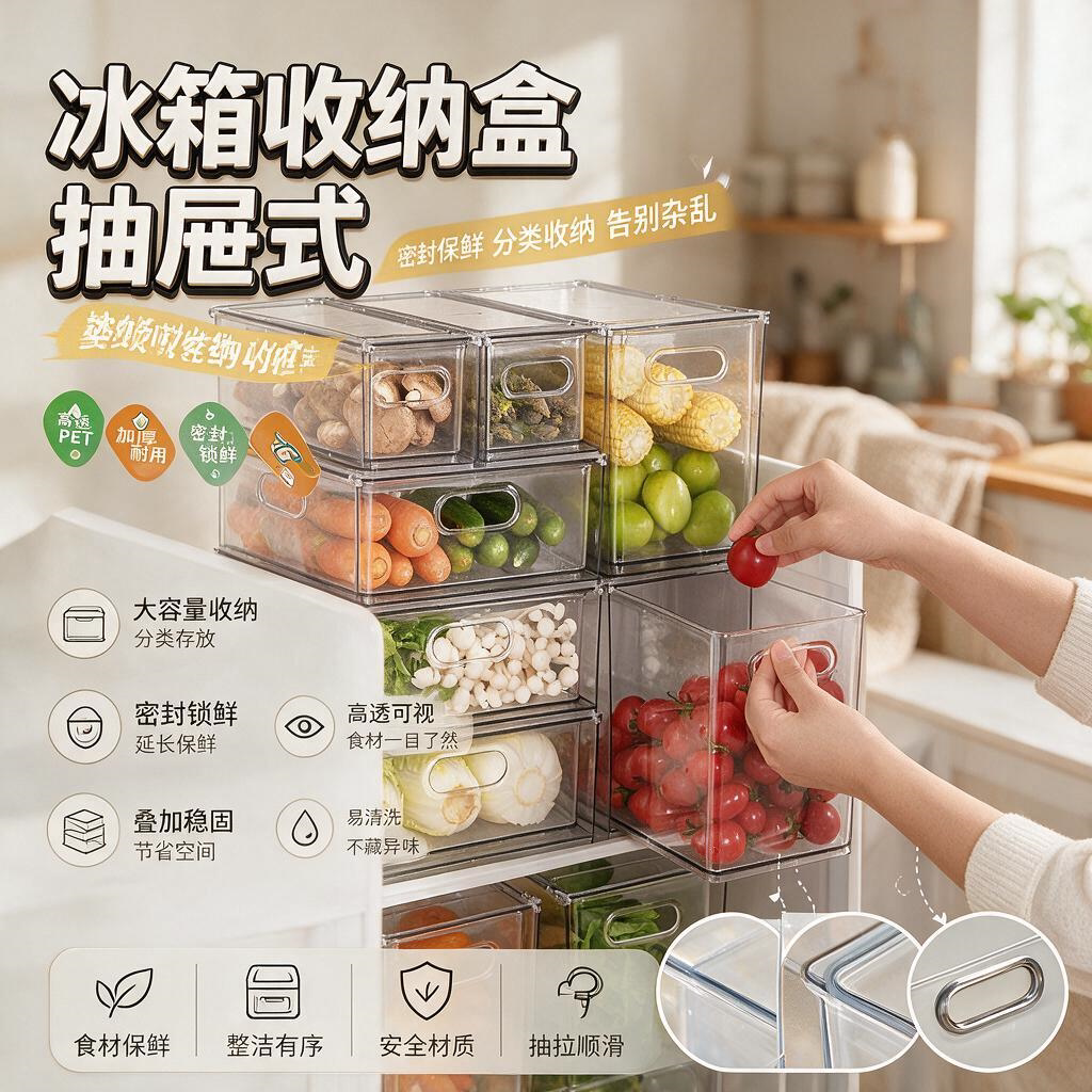 抽屉式收纳盒冰箱保鲜盒塑料冷冻储物食品级厨房蔬菜鸡蛋整理专用