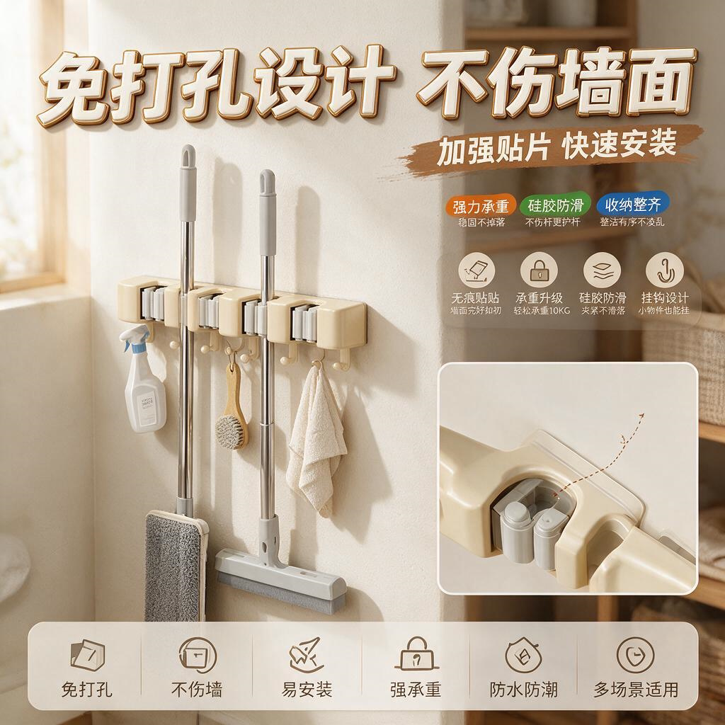 挂壁拖把夹壁挂夹扫把拖布挂钩免打孔架神器卫生间厨房置物架卡扣