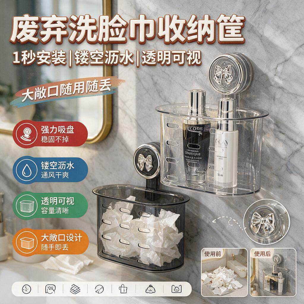 卫生间壁挂收纳盒吸盘废弃二次洗脸巾厕所洗漱台浴室擦脸巾置物架