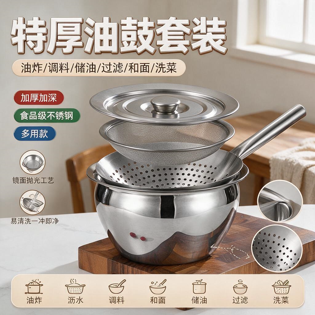 家用油盆特厚不锈钢油缸油鼓商带盖油罐厨房漏勺过滤网套装