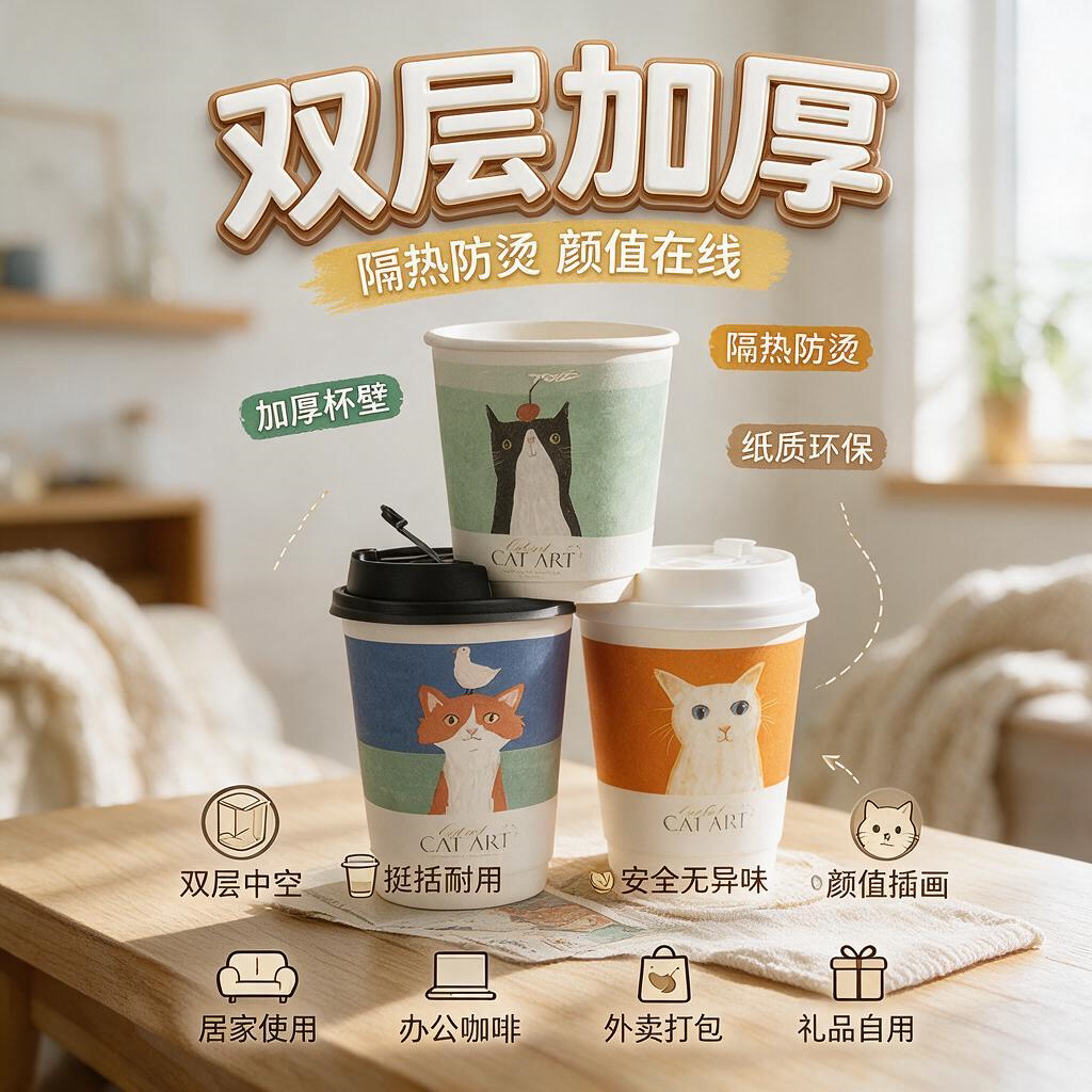 猫咪300/400ml奶茶打包外带隔热饮杯一次性咖啡纸杯双层中空