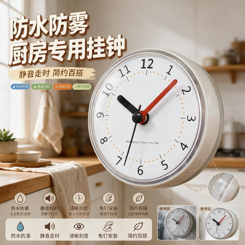冰箱贴时钟表吸盘厨房用挂钟小挂钟闹钟磁吸时钟创意厨房专用