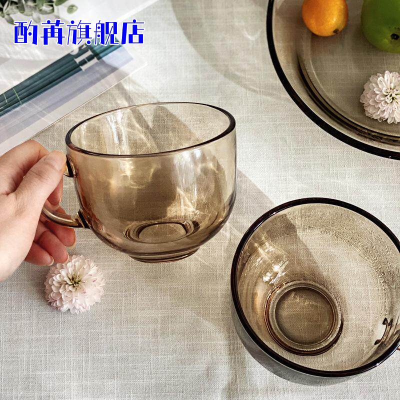 茶色玻璃牛奶早餐杯带把加厚高