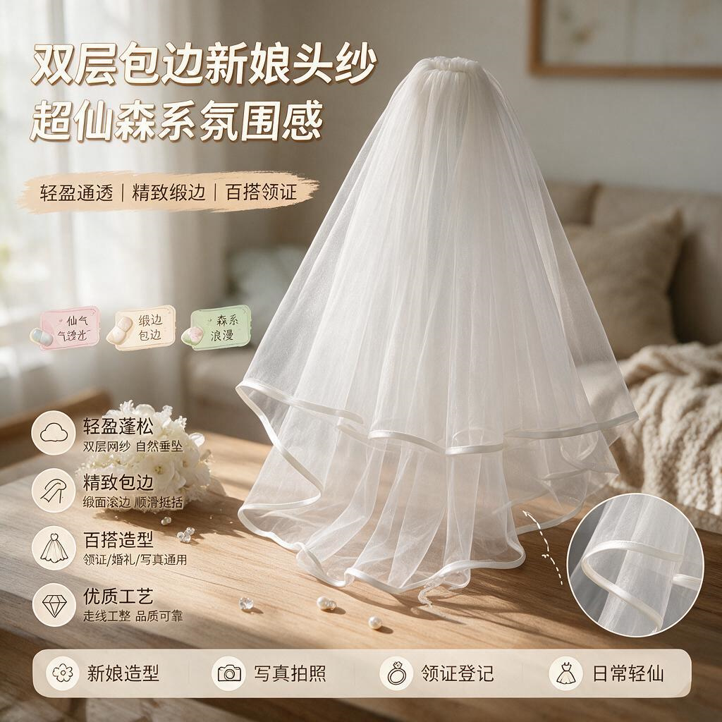 双层包边黑色网纱插梳头纱新娘婚纱礼服配件宴会派对婚礼头纱