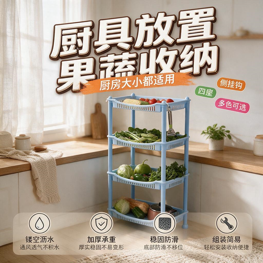 加厚厨房置物架装放蔬菜架子塑料菜篮储物落地收纳篮菜筐3层4菜架