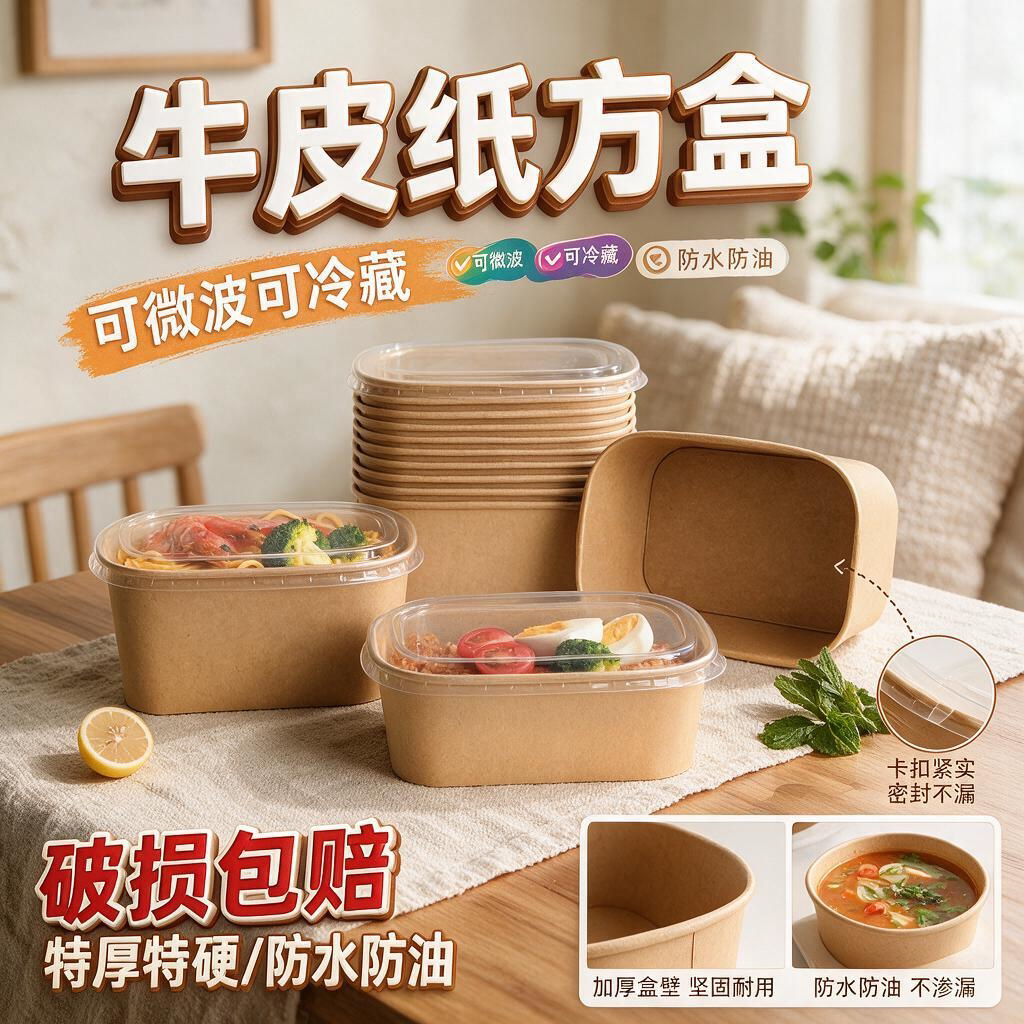 餐饮一次性打包盒餐盒饭盒牛皮纸方形食品级外卖加厚野餐快餐水果