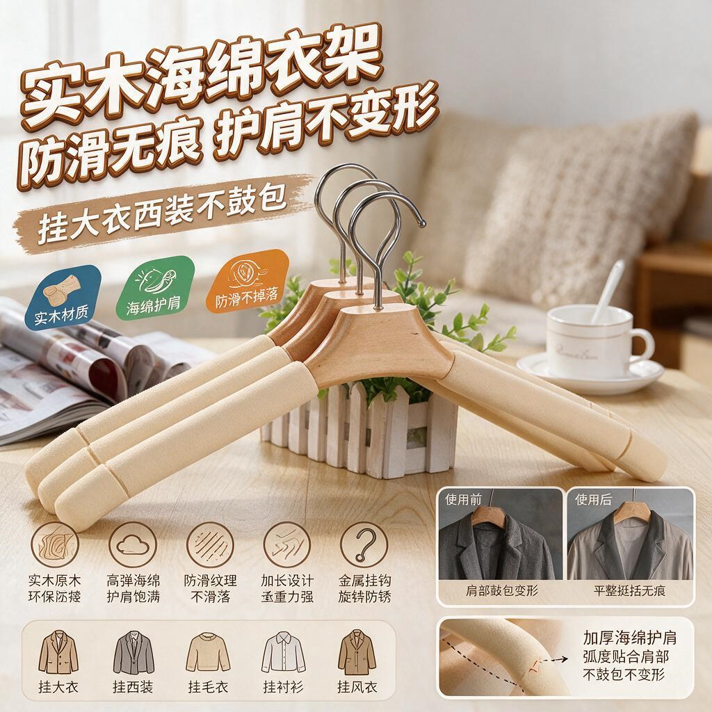 实木海绵衣架家用防滑胶棉木头凉衣服架子衣挂衣柜衣撑子大挂衣架