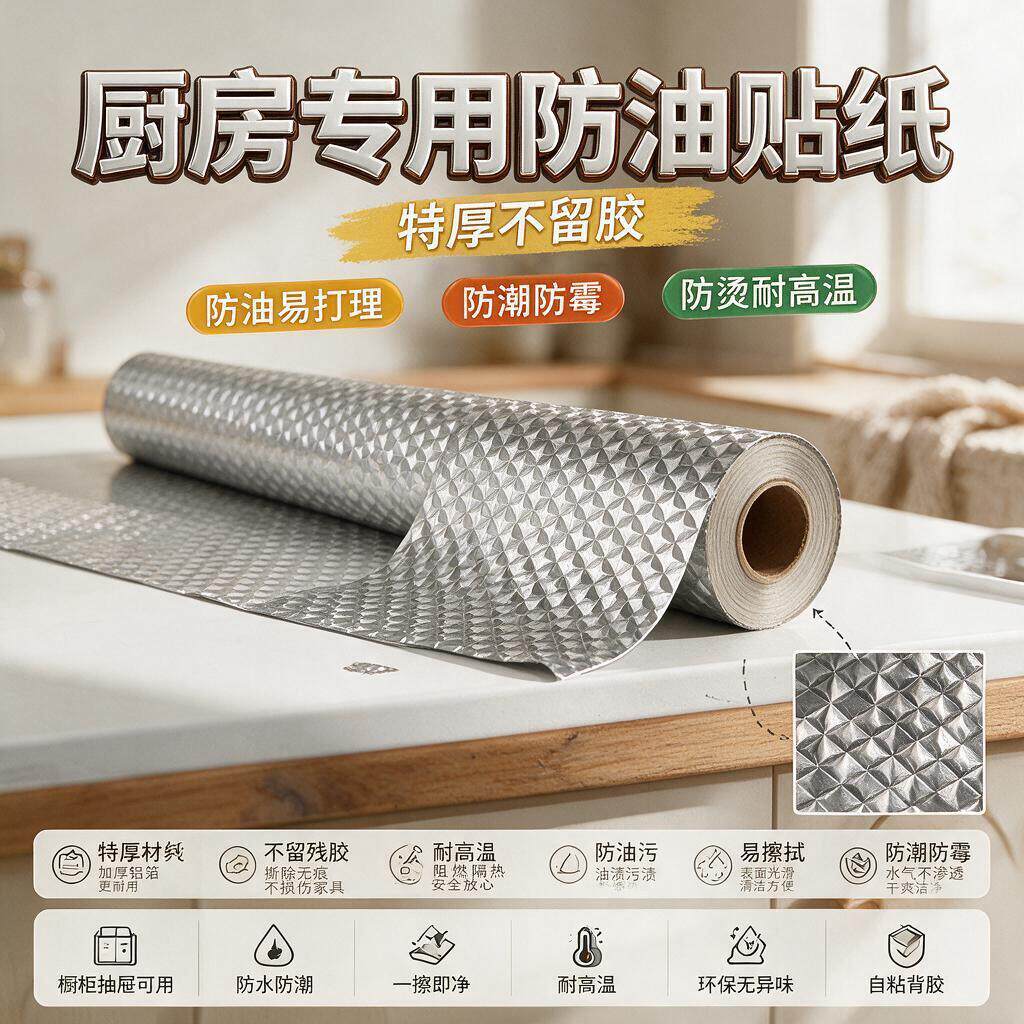 厨房灶台防油粘贴纸橱柜防潮防水铝箔纸加厚自粘厨柜柜子锡箔纸抽