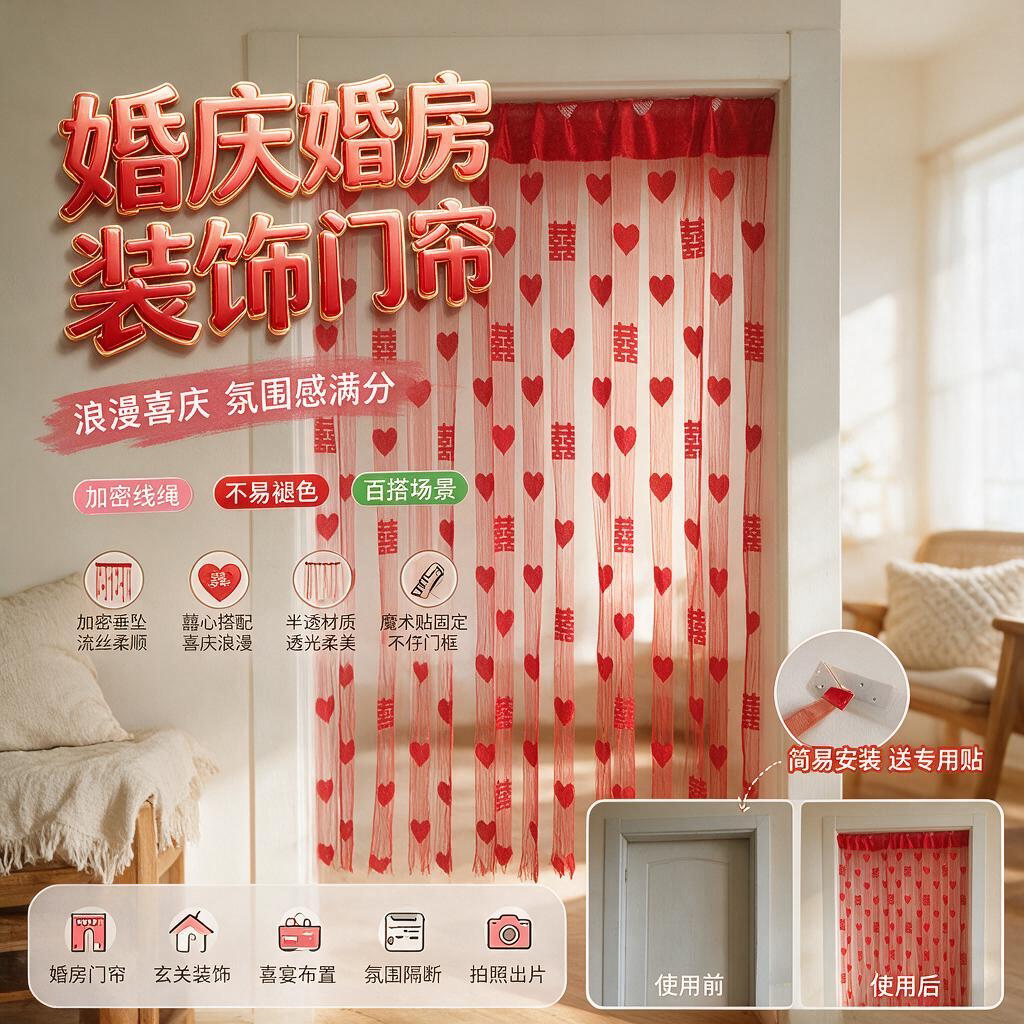 红色婚庆门帘 布置新婚房装饰浪漫喜字爱心形挂帘 结婚用品线帘子
