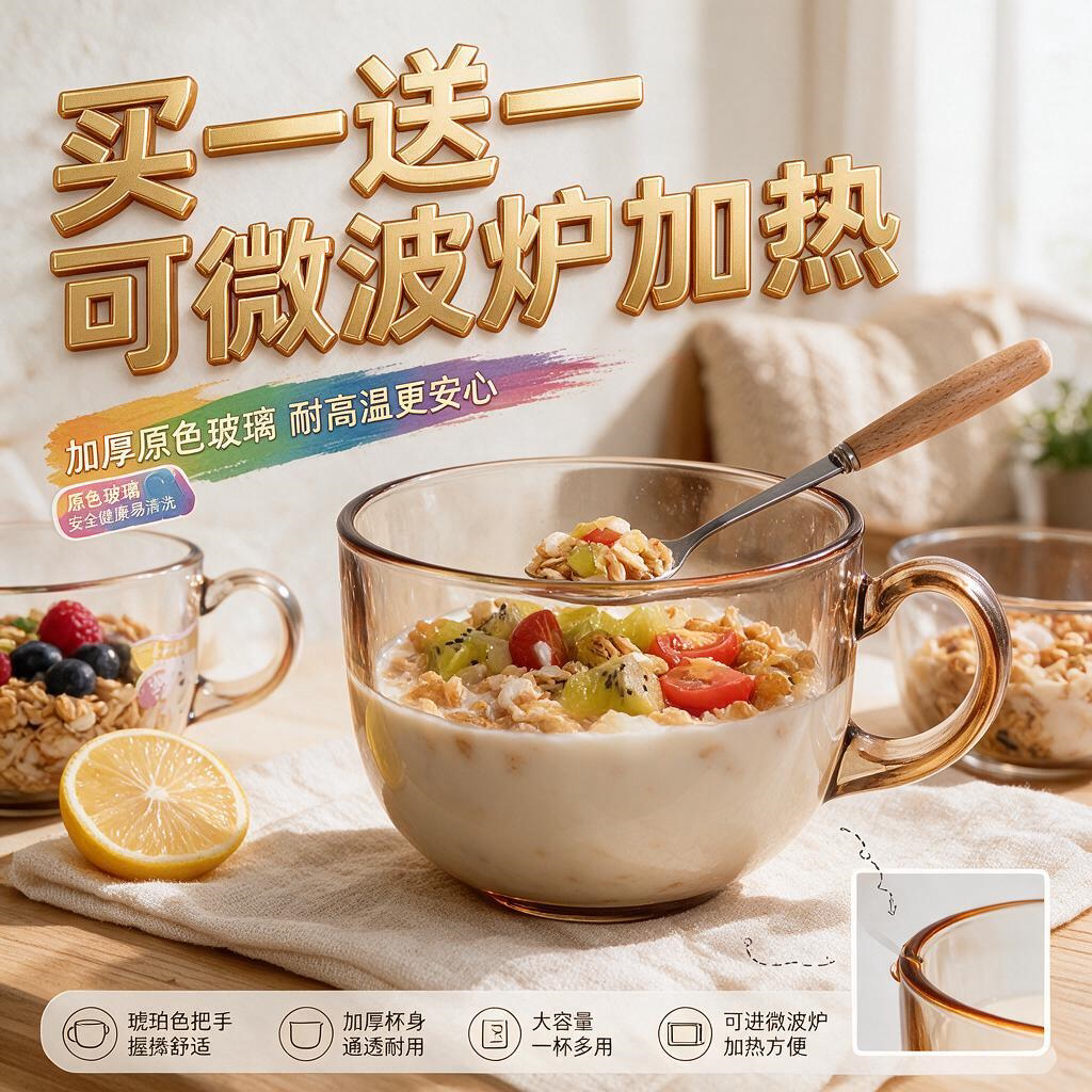 微波炉专用杯子热牛奶杯玻璃水杯有盖带勺精致的咖啡杯燕麦早餐杯