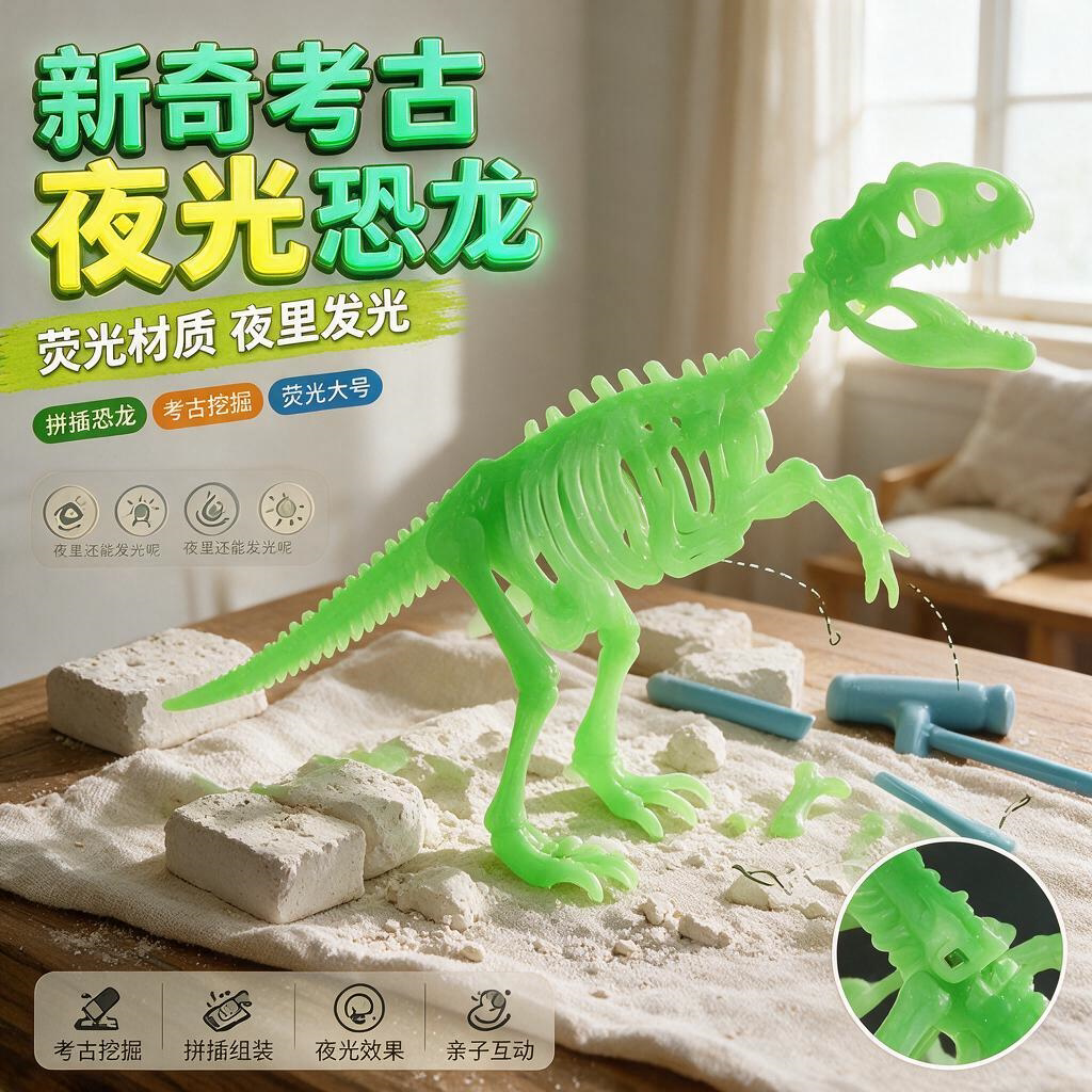 diy敲挖宝石夜光恐龙化石霸王龙骨架模型考古挖掘玩具男孩礼物