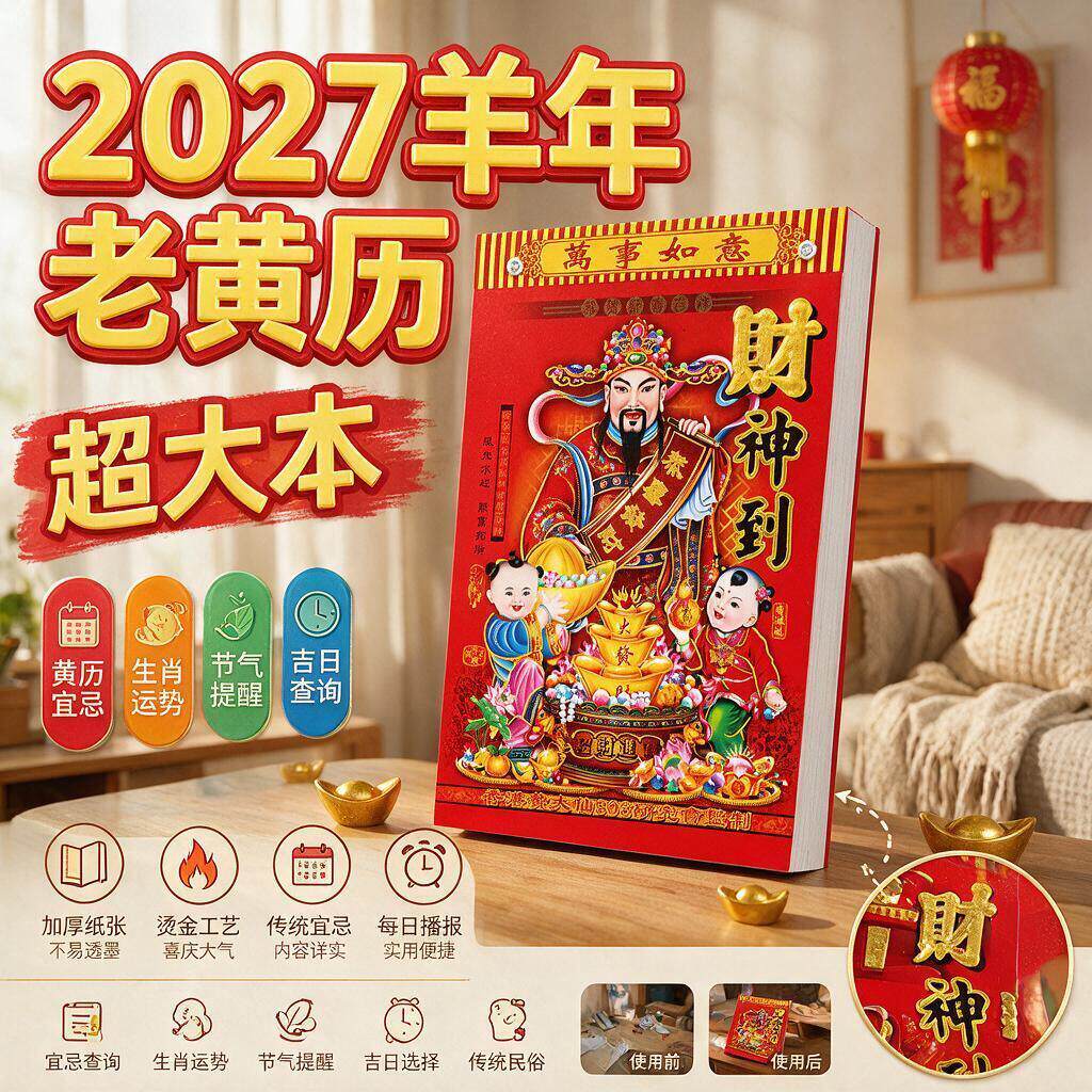 日历老黄历2027高档新款挂羊年手撕家用挂墙农历年历本挂式传统通胜黄道吉日挂厉正版万年式特大号