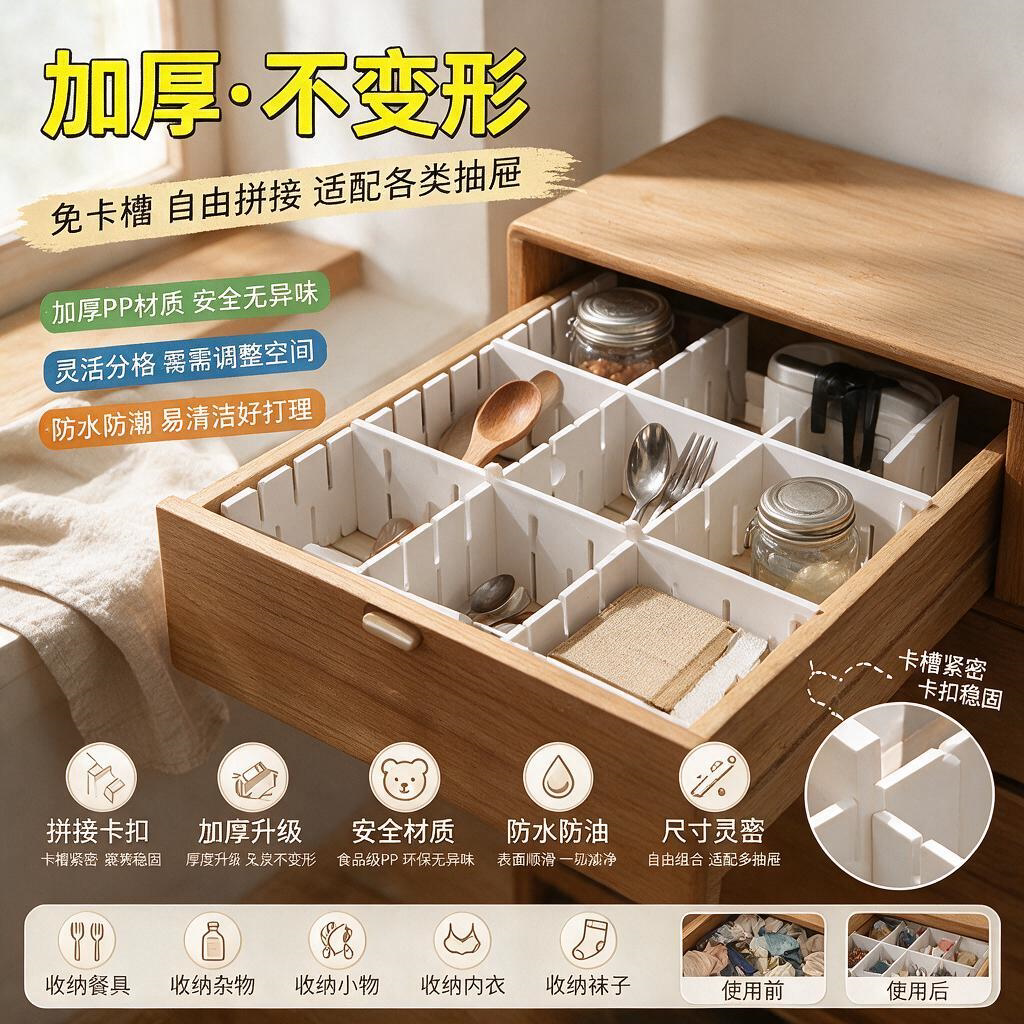 抽屉分格整理神器自由组合收纳蜂窝隔板塑料内衣分类格子分隔板