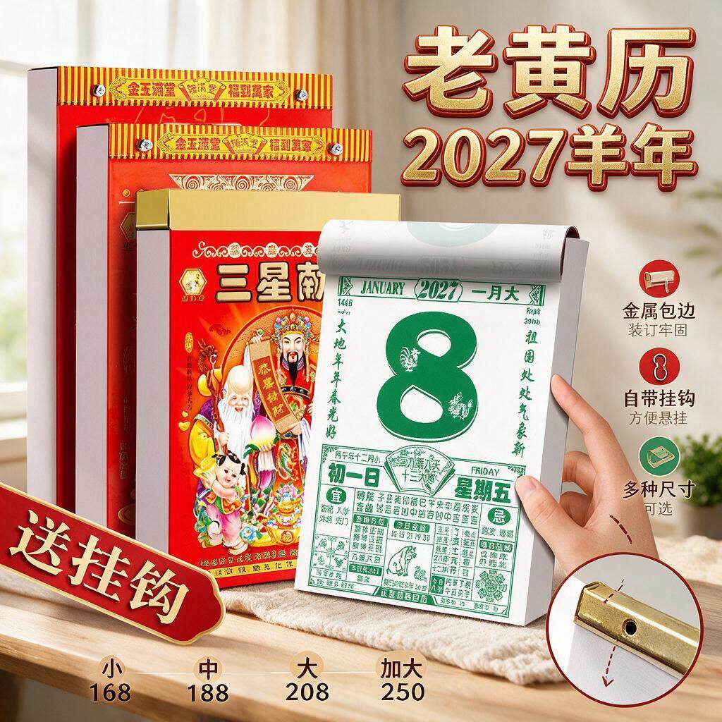 日历老黄历2027年新款挂历家用挂墙大号传统老式手撕万年历挂式6农历羊年年历每天一页老皇历一日香港