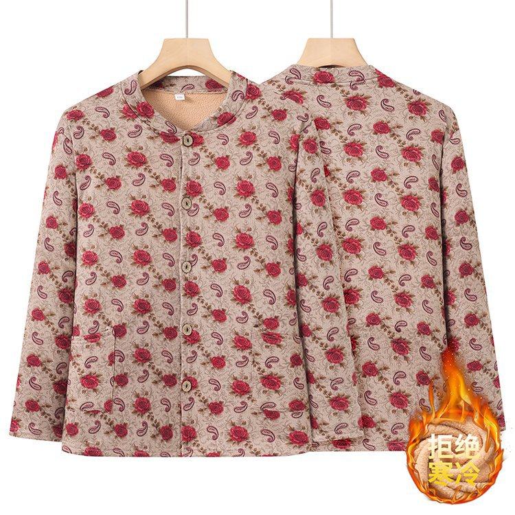 中老年女德绒开衫秋衣秋冬保暖上衣外穿加绒对襟打底内衣妈妈装