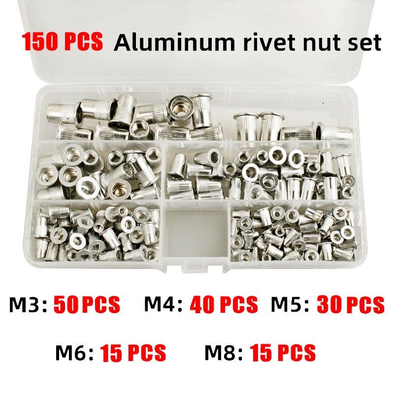 150PCS铝制拉铆螺母公制平头螺母铆钉螺母M3M4M5M6M8组合