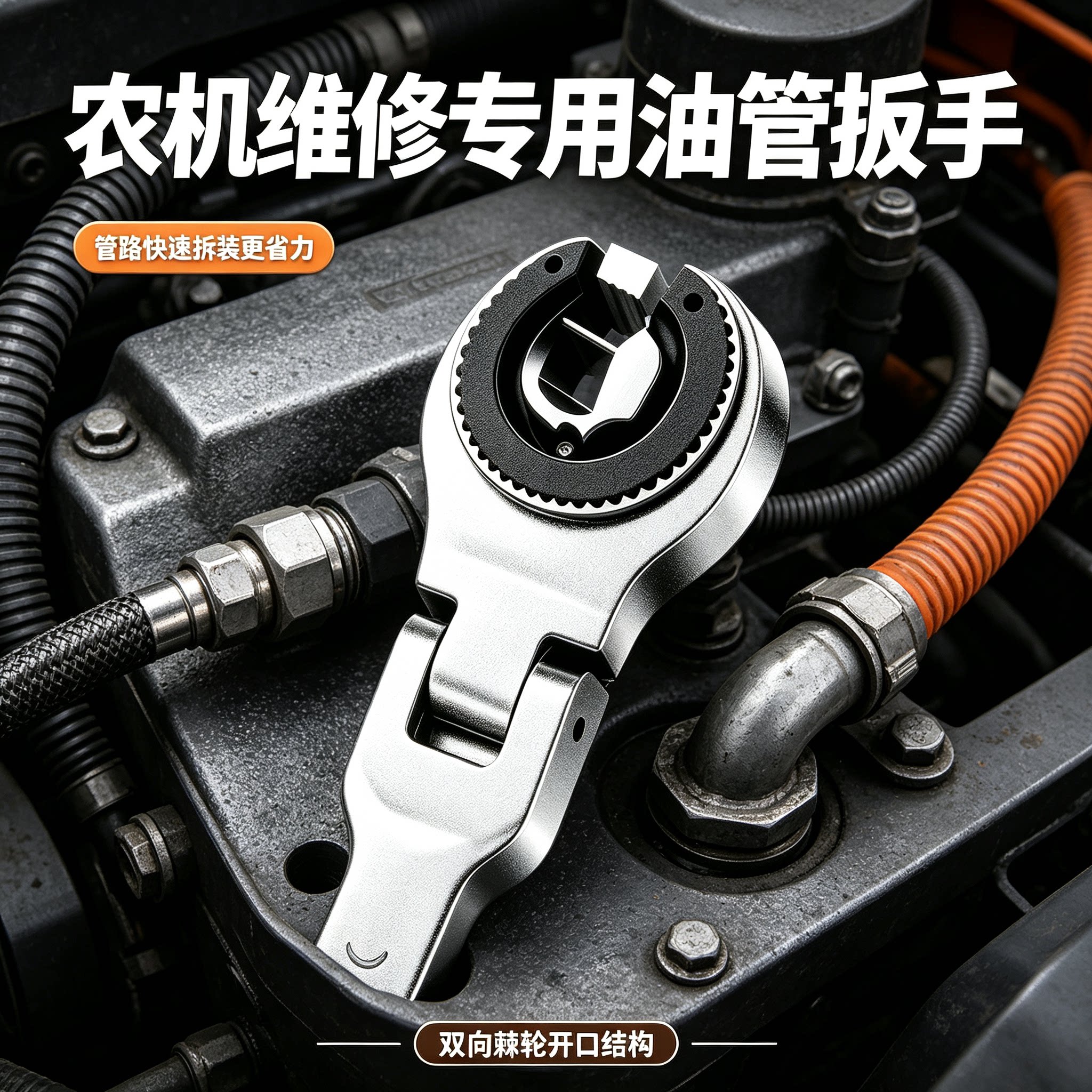 农机维修专用油管扳手双向棘轮开口管路快速拆装省力工具