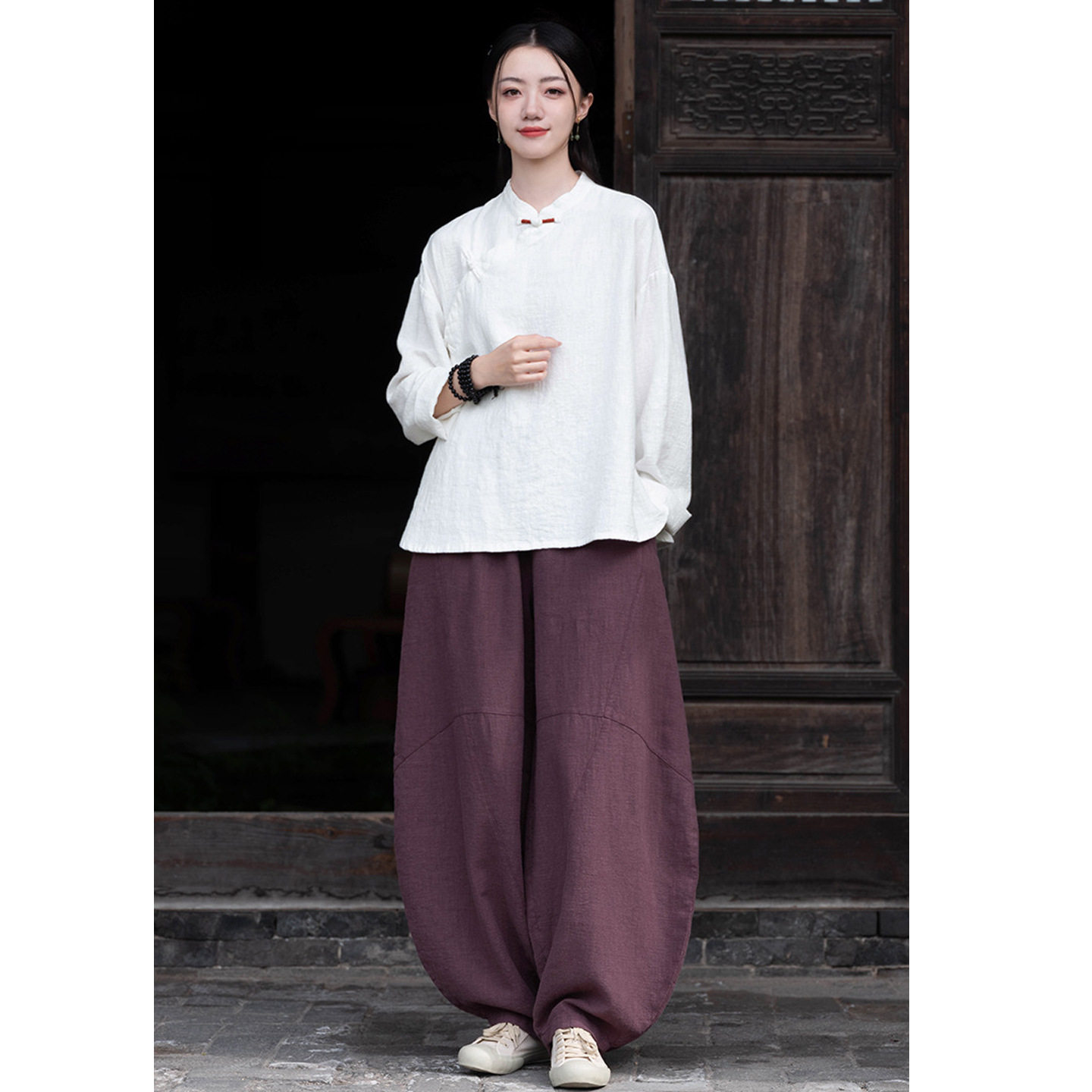 禅修服女套装中式斜襟棉麻上衣