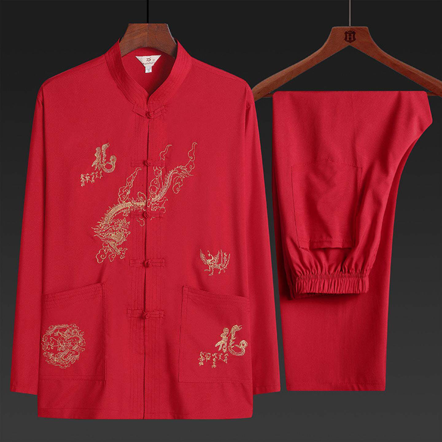 中国风男装中老年唐装汉服长袖套装夏季衬衣居士服男士衬衫太极服