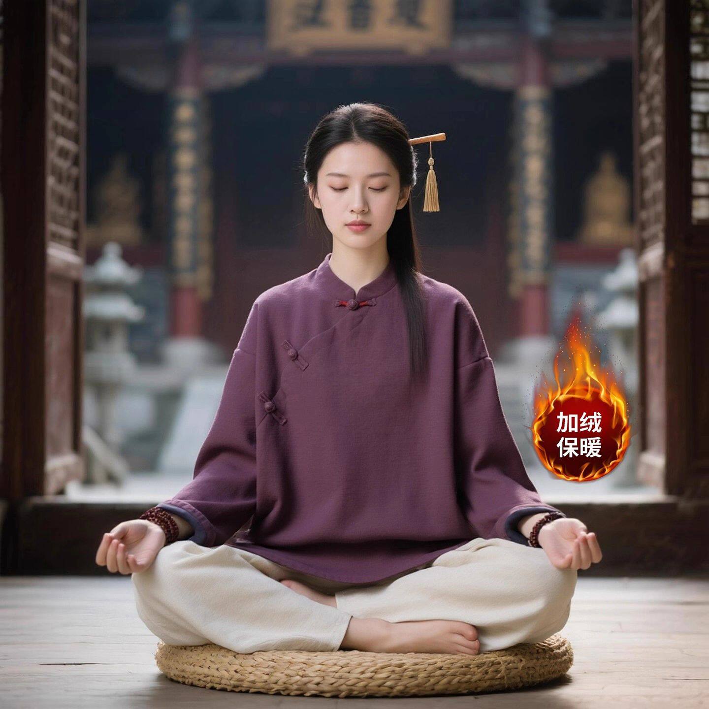 居士服女款秋冬加绒加厚棉麻上衣