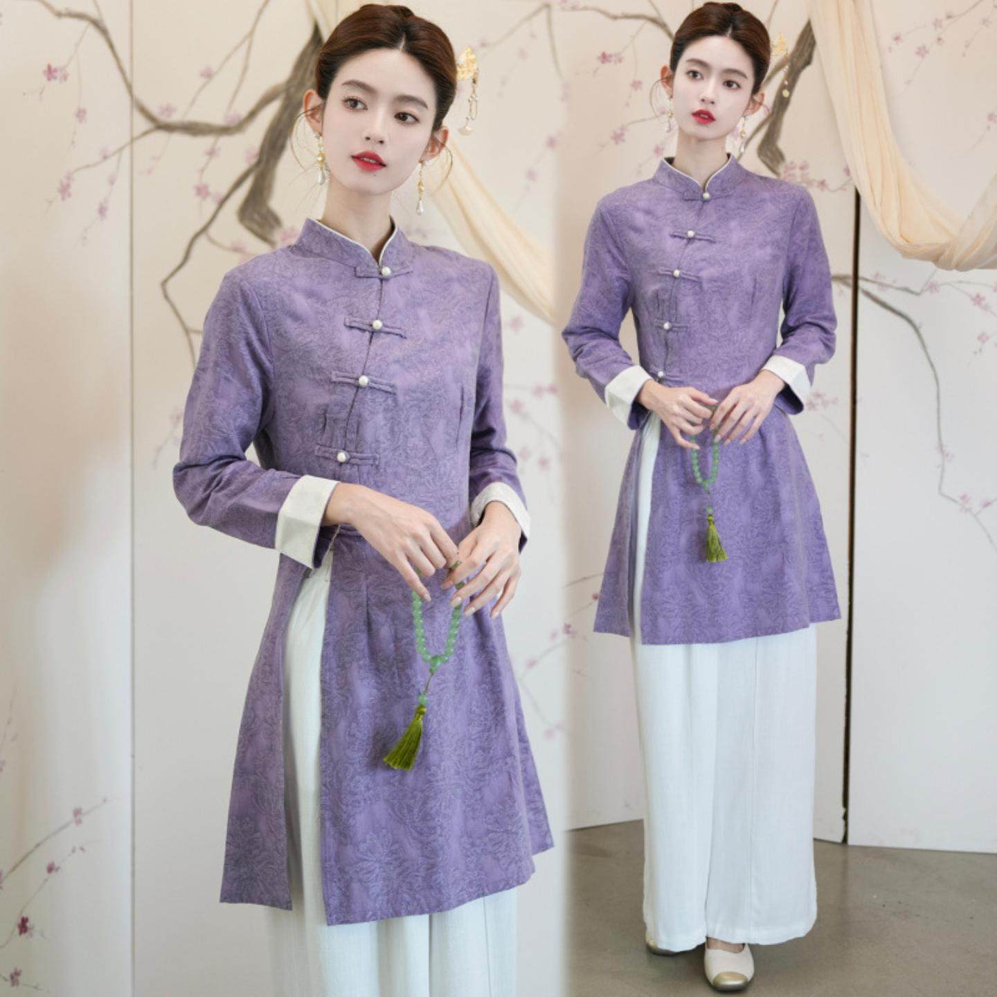 2025秋季新款复古新中式国风改良禅意茶服中长款立领长袖提花上衣,女装/女士精品,上衣,淘宝优惠券,粉丝福利购,淘宝优惠卷