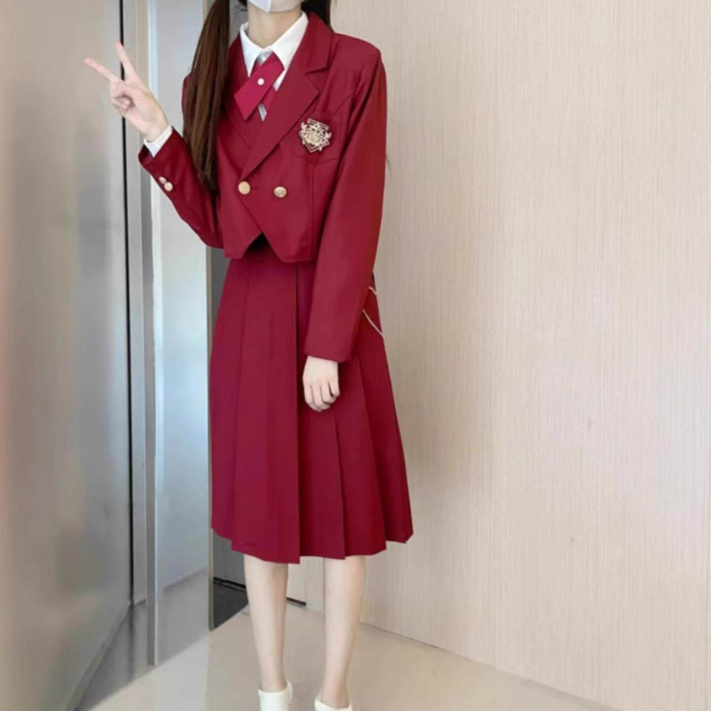 酒红色护奶裙jk制服秋冬日系背带卡奶裙学院风班服套装日系风