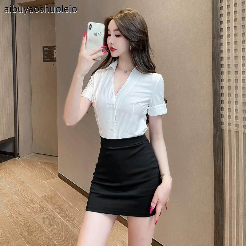 酒店前台空姐制服深V领性感显瘦衬衫套装裙spa足疗足浴技师工作服