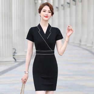 夏天短裙黑色领连衣裙女气质通勤包臀收腰打底裙子珠宝店工作服