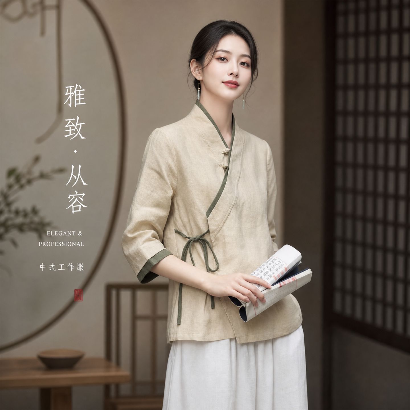 中医养生馆工作服女中式斜襟系带