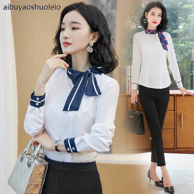 白色衬衫女长袖酒店前台空姐制服韩版美容师工作服蝴蝶结职业衬衣