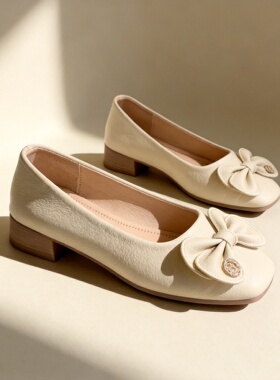 白色胡蝴蝶结单鞋女「3cm软底」浅口一脚蹬春季上班百搭玛丽珍鞋
