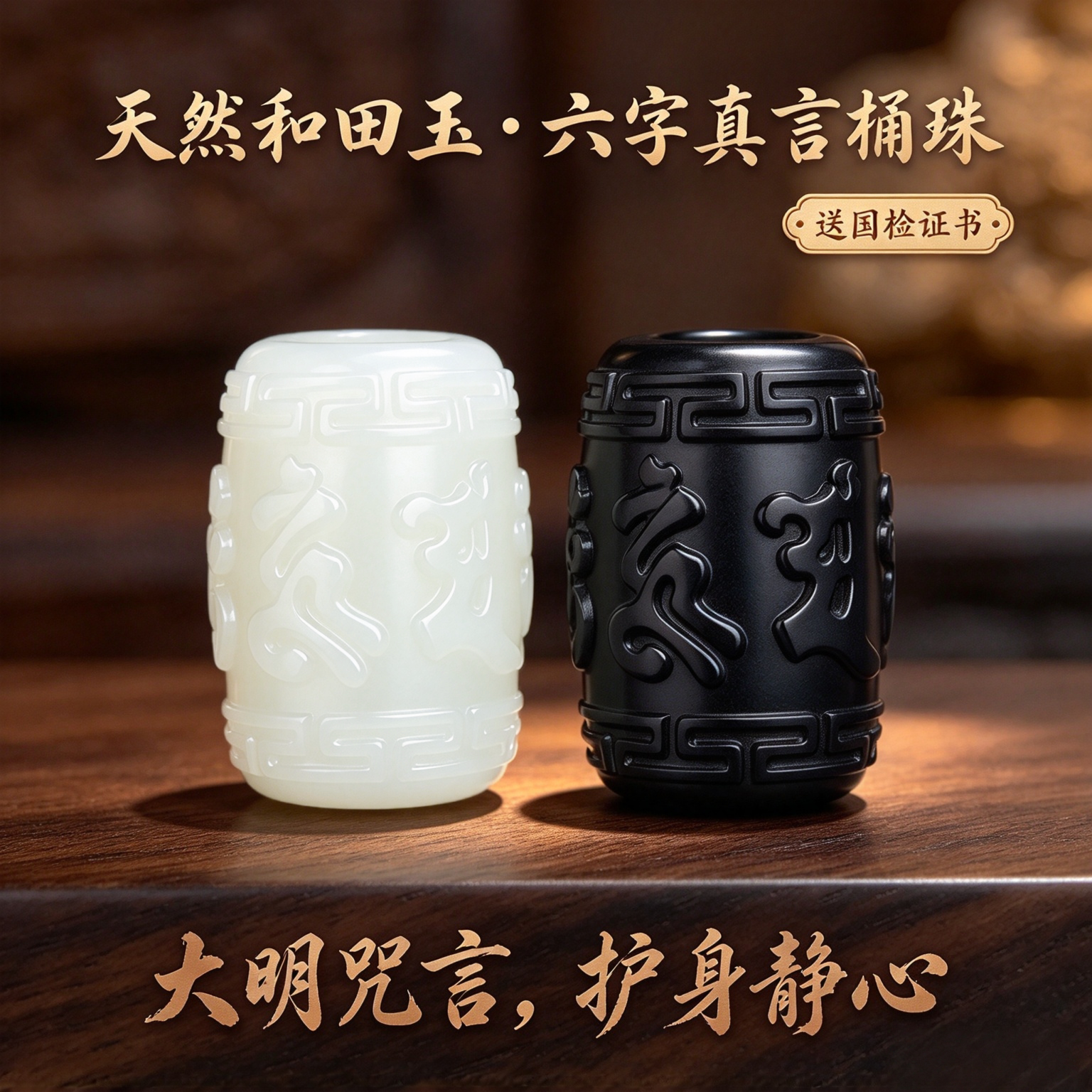 天然和田玉黑青墨玉白色六字真言腰珠桶珠沉香108木手串链配珠件