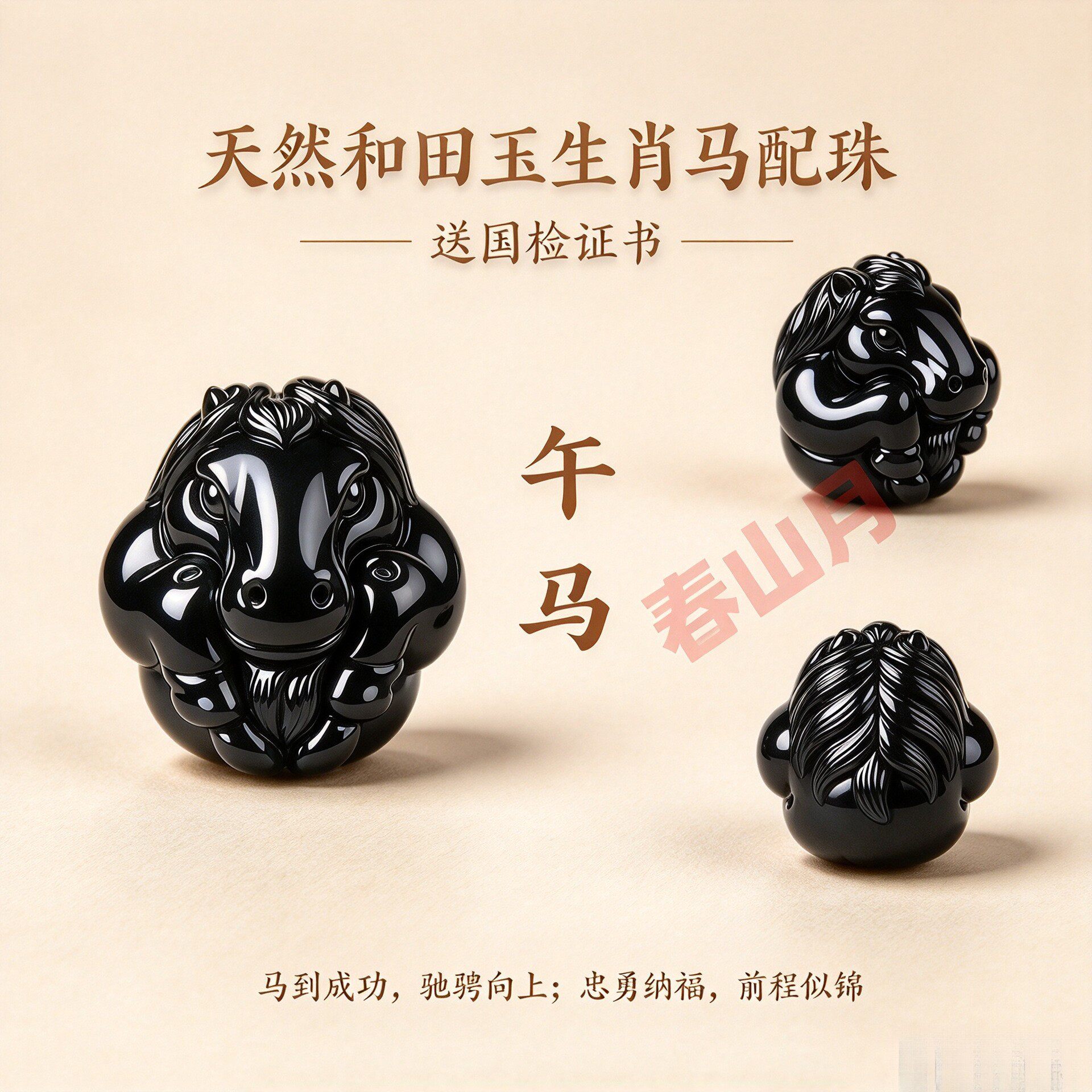 和田玉黑青墨玉色十二生肖马三六合散手串珠本命年生肖diy配件珠