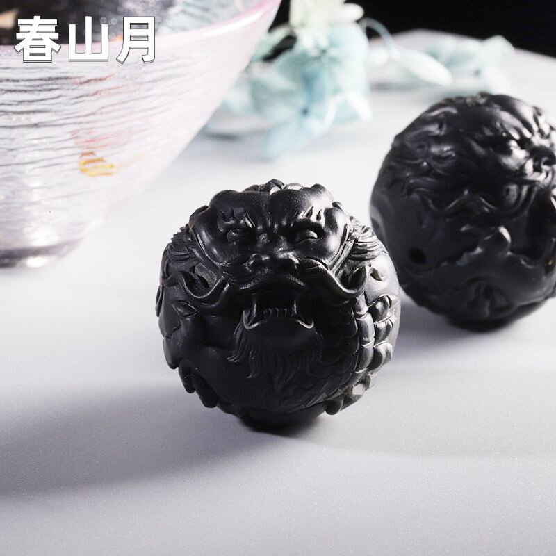 新疆和田玉石籽料黑墨玉龙珠玉吊坠配珠回纹圆珠雕刻手链串配珠件