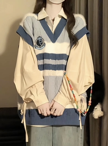 美式学院风套装针织马甲背心女秋季茶系穿搭气质叠穿绑带衬衫上衣