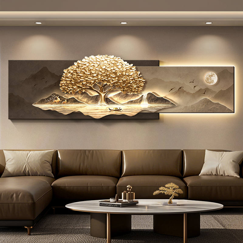 发财树大气客厅装饰画立体砂岩挂画轻奢山水沙发背景墙壁画高级感