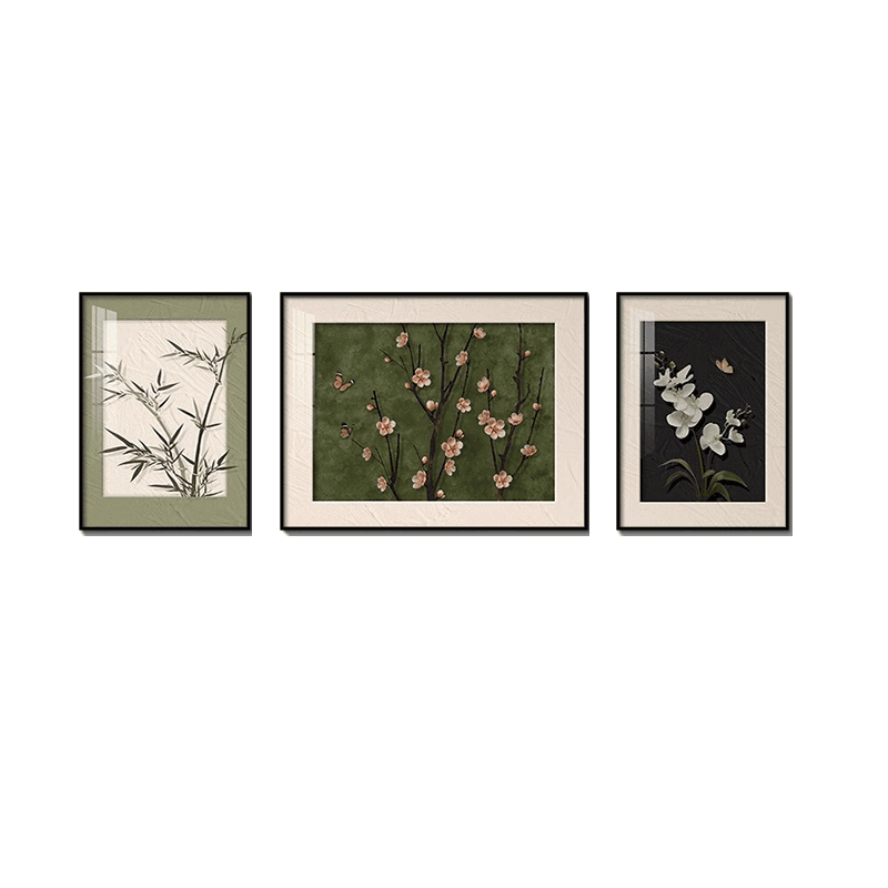 复古南洋风客厅装饰画挂画高级感中古风沙发背景墙壁画三联画绿色
