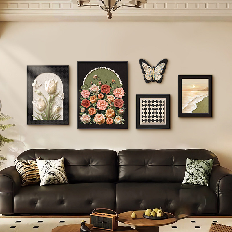 法式中古风客厅装饰画蝴蝶玫瑰复古组合壁画奶油风沙发背景墙挂画