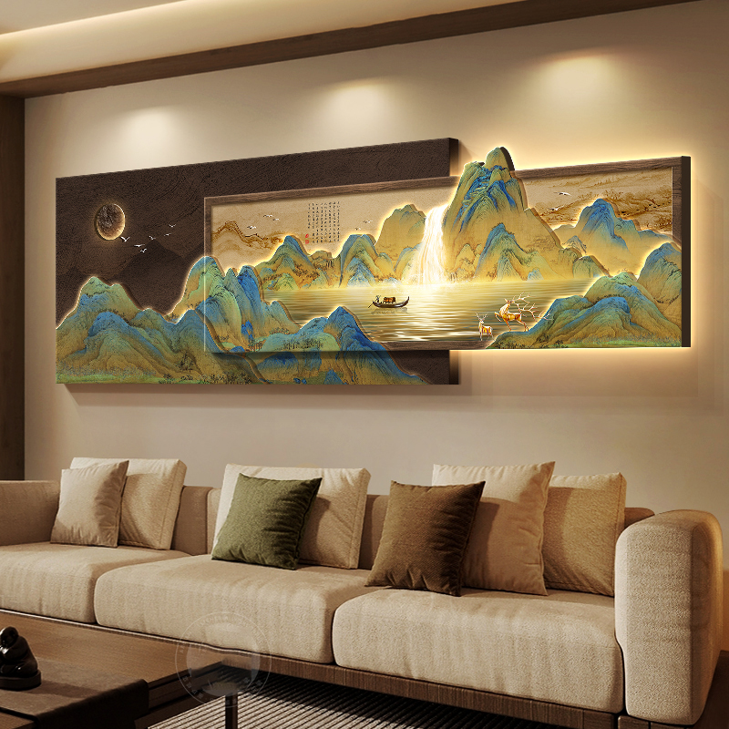 千里江山图客厅装饰画新中式高级感沙发背景墙挂画茶室立体山水画