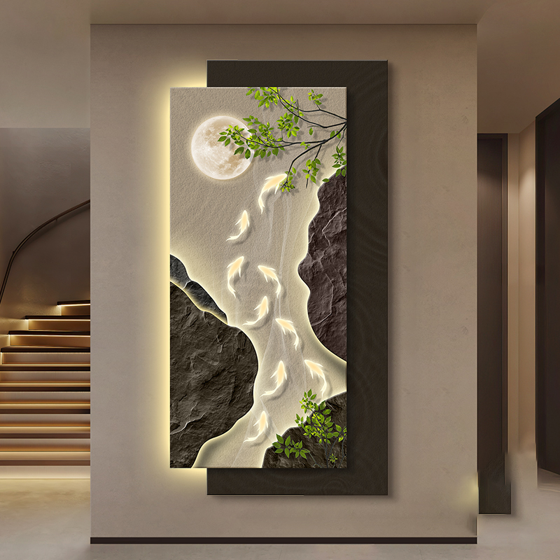 现代轻奢玄关装饰画高级感九鱼图走廊过道挂画入户正对门带灯壁画