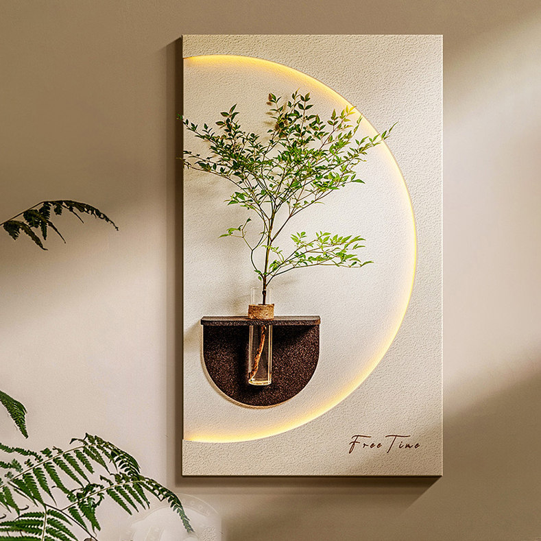 奶油风客厅装饰画创意水培绿植灯光画高档玄关挂画入户正对门壁画图片