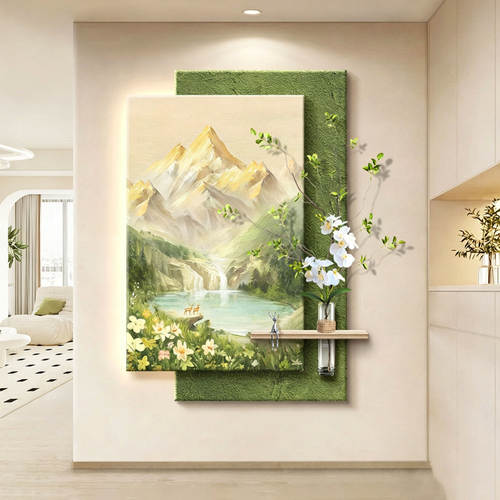 奶油风入户门玄关装饰画水培绿植走廊过道挂画日照金山正对墙壁灯